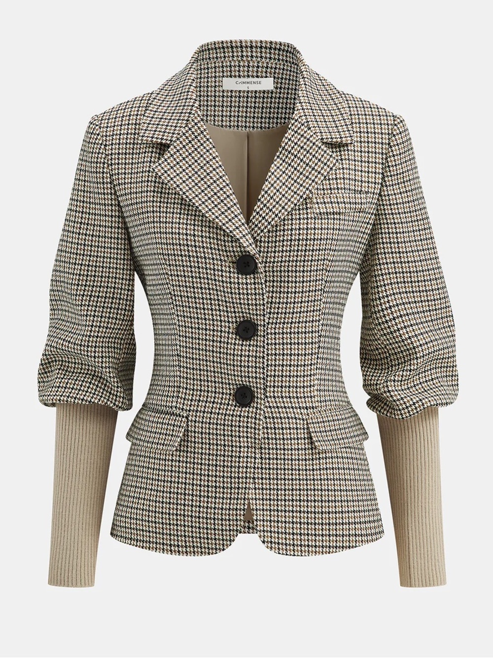Houndstooth Puffed-Sleeve Blazer